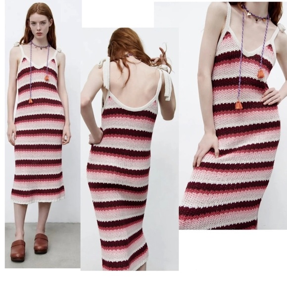 ZARA STRIPED KNIT MIDI DRESS LIMITED EDITION red pink cream Sz L NWT - Picture 2 of 13